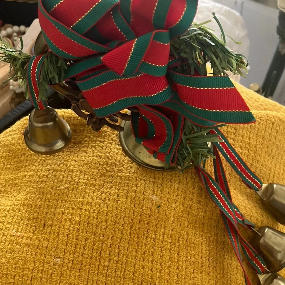 FINAL MARKDOWN Festive Brass Bells with Red and Green Ribbon